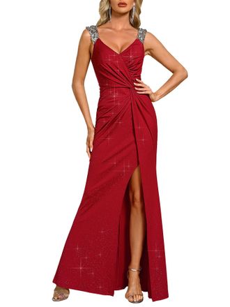 Ever-pretty Maxi Formal Evening Dress Elegant Sequin V Neck and High Slit Prom Dress Red 14
