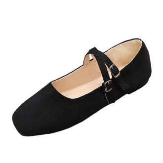Generic Mary Jane Shoes for Women Casual Slip On Dress Shoes Solid Color Stylish Classic Comfortable Slip On Ballet Flats with Buckle Strap Office Leisure Bla