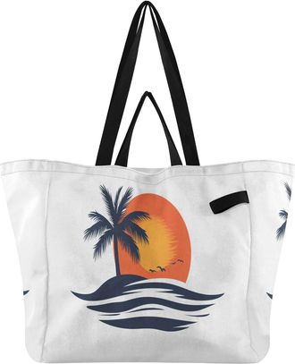 Generic Palm Tree Sunset Orange pattern Reusable Canvas Tote Bag, Heavy Duty Grocery Shopping Bag with Large Capacity Double Handles Hard Bottom Work Grocerie