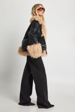 Boohoo Womens Faux Fur Trim Leather Jacket - Black - Size 14 UK