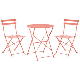 Beliani Conjunto De Balc&oacute;n 3 Piezas Patio Exterior Mesa Redonda Y Sillas Acero Rojo Coral Fiori