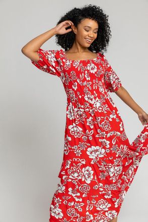 Roman Floral Print Shirred Bodice Maxi Dress