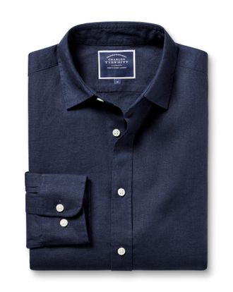 CHARLES TYRWHITT Pure Linen Shirt - Navy Single Cuff Size Large by Charles Tyrwhitt