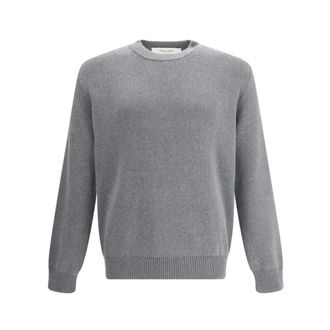 Golden Goose Round-neck Knitwear, male, Gray, Size: XL Monochrome Cotton Sweater with Ribbed Crew Neck