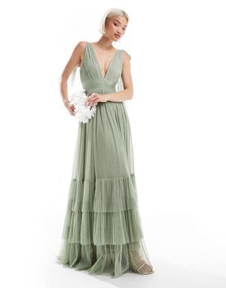 Lace & Beads Bridesmaid Madison bow shoulder maxi dress in dusty sage-Green