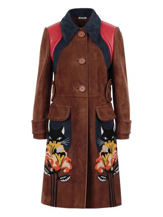 Miu Miu flower-cat patch coat - Brown