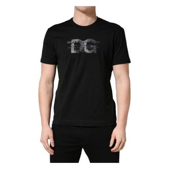 Dolce & Gabbana T-Shirts, male, Black, Size: S Logo Print Cotton Crew Neck T-shirt
