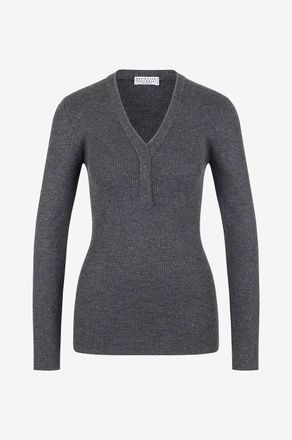 Brunello Cucinelli Fein gerippter Kaschmir-Pullover mit V-Ausschnitt Monile