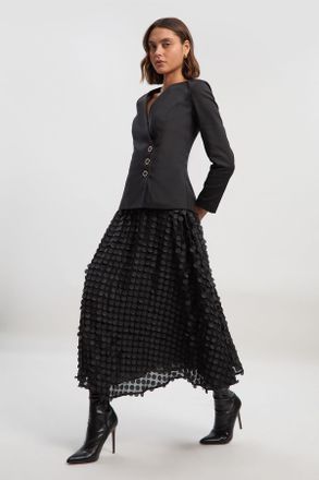 Karen Millen Womens Ponte And Textured Georgette Button Detail Woven Maxi Dress - Black Cotton - Size 10 UK