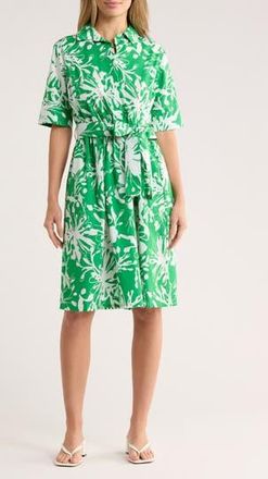 DKNY Floral Elbow-Length Sleeve Cotton Shirtdress in Fern/Ivory at Nordstrom Rack, Size 8