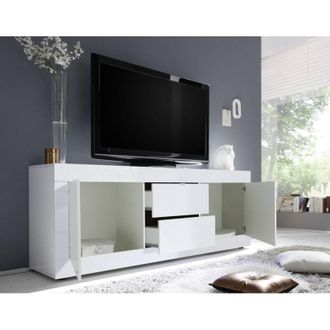 Dmora Mueble Tv Sinello, 2 Compartimentos, Apertura Con Manija, 86 Pulgadas, 210x43x65h Cm Blanco Brillante