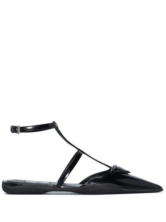 Prada triangle-logo flat leather pumps - women - Rubber/Leather/Leather - 38 - Black