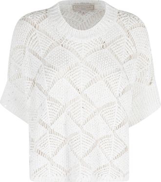 Antonelli White Oleandro Sequined Ribbed-Trim Cotton-Blend Knit Top