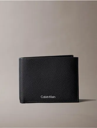 Calvin Klein Mens Pebble Grain Leather Trifold Wallet with Coin Pouch - Black