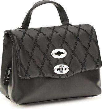Zanellato Womens Mini Postina Tram&egrave; Leather Top Handle Bag Black Riso Venere Calf Bos Taurus Shoulder Hand