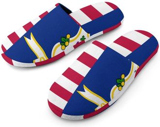 Generic Flag of U.S. And Connecticut Flannel Mens Slip-on Slippers Winter Warm House Shoes with Rubber Sole for Home Hotel