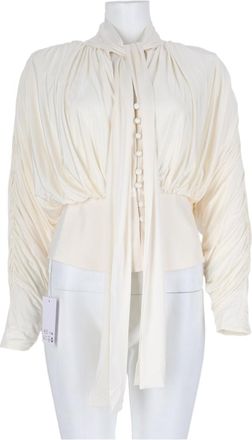 Self Portrait Ivory Draped Ruched Necktie Viscose-Blend Top