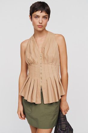 Maeve Viki Corduroy Zip-Front Peplum Top