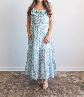 Peach Love California Julia Floral Ruffle Detail Maxi Dress In Blue & White