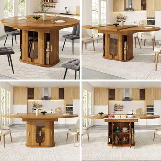 Merax Extendable Round Dining Table with Glass Doors & Storage in Walnut