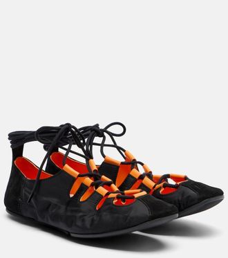 Alaia Ala&iuml;a Suede-trimmed lace-up ballet flats