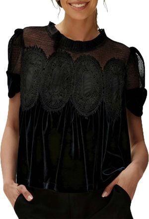 Generic Ladies Sweatshirts Womens Velvet Lace Tops Casual Puff Short Sleeve Babydoll Shirts Flared Swing Blouse Ruffle Hem Patchwork Peplum Sweatshirts Elegan