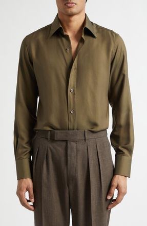Tom Ford Classic Fit Washed Drapey Twill Button-Up Shirt in Military Green at Nordstrom, Size 42
