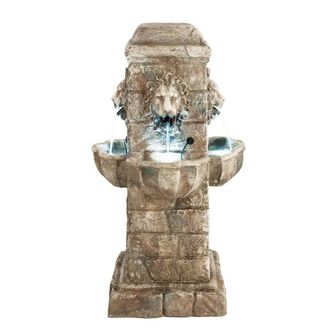 PRIMROSE Majestic Lion Water Feature Pillar with 4 Spouts Lights Outdoor 100cm in Grey