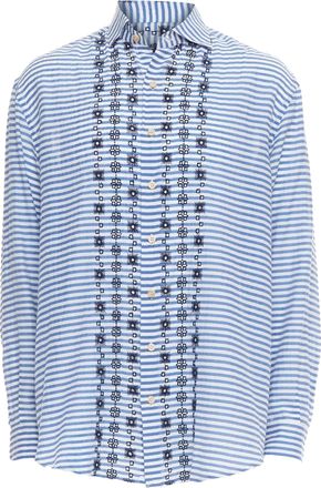 Romeo Gigli JOYCE blue cotton silk striped embroidery shirt IT50 L