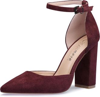 Castamere Womens Block Heel Sandals Pointed Toe Ankle Strap Court Shoes 4IN Heeled Red Wine Suede Shoes UK 6.5