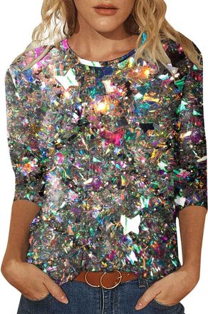 Generic Glitter Sparkle Top Oversized T Shirts for Ladies Womens Sequin T Shirt Design Three Quarter Sleeved Round Neck Fashion Top