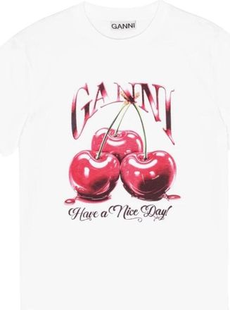 Ganni Grafische Print Ronde Hals T-shirt - Dames - T-shirts - Wit - S - Katoen - Tops