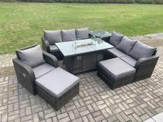 Fimous 9 Seater Wicker Rattan Garden Furniture Set Gas Fire Pit Dining Table Reclining Chair 3 Seater Sofa Set Indoor Outdoor with Side Table