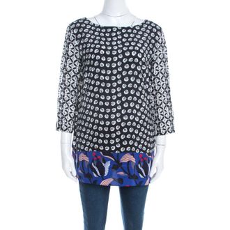 Escada Black Rose Motif Print Silk Contrast Panel Narayanin Tunic Blouse