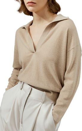 LilySilk Womens V Neck Cashmere Polo Sweater in Beige at Nordstrom, Size Medium
