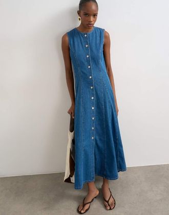 Topshop Vestito lungo in denim blu intenso con cuciture godet