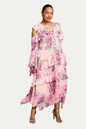 Coast Shoulder Printed Ruffle Midi Dress in Pink at Nordstrom, Size 14