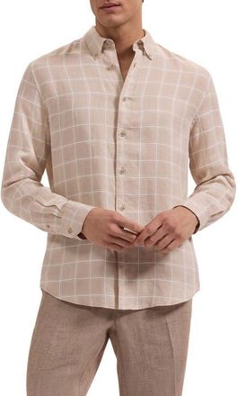 Bugatchi Austin Shaped Fit Windowpane Check Linen & Cotton Button-Down Shirt in Desert at Nordstrom, Size Xx-Large