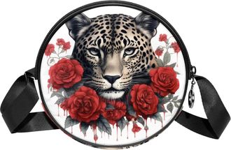 Generic Circle Crossbody Bag for Women, Leopard Roses Small Sling Bag Daypack with Zipper Adjustable Shoulder Straps Casual Ladies Girls Round Purse