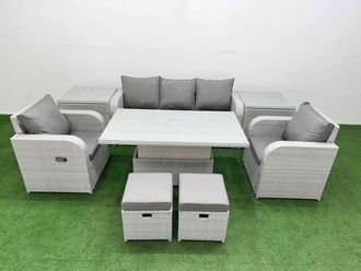 Fimous PE Rattan Garden Furniture Set Reclining Chair Sofa Lounge Sofa Set Adjustable Lifting Dining or Coffee Table 2 Side Table 2 Small Stools