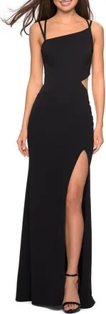 La Femme Asymmetrical Jersey Prom Dress with Cut Outs in Black at Nordstrom, Size 10