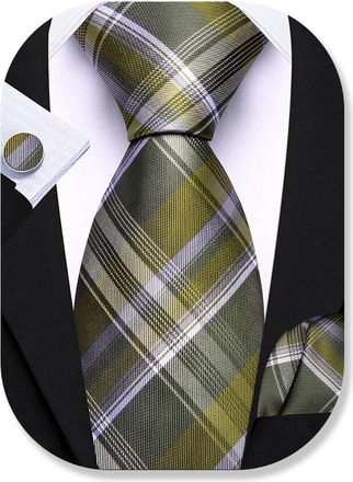 Barry.Wang Mens Olive Green Tie Silk Tartan Necktie Pocket Square Cufflinks Set Wedding Business
