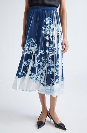 Erdem Pleated Cr&ecirc;pe de Chine Midi Skirt in Cyanotype Etching Navy at Nordstrom Rack, Size 0 Us / 4 Uk