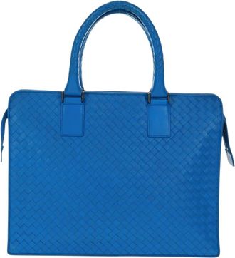 Bottega Veneta Top Zip Briefcase Intrecciato Nappa Blue Leather Briefcase Bag (Pre-Owned)