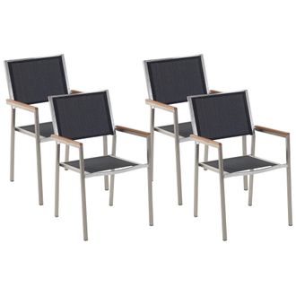 Beliani Conjunto De 4 Sillas De Jard&iacute;n Negro Plateado Asiento Textil Patas De Acero Inoxidable Apilable Moderno Comedor Exterior Grosseto