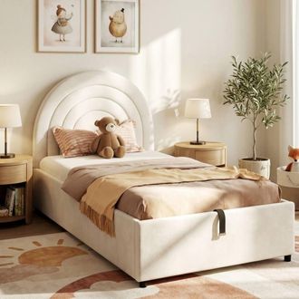 Merax 3ft Single Velvet Ottoman Bed with Storage & Arched Headboard in Beige