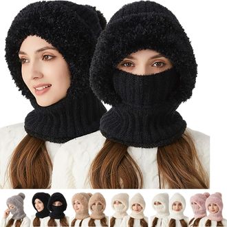 Generic 3 in 1 Beanie Hat for Women, Windproof Scarf Hat, Winter Hats for Women Cold Weather, Warm Snow Hats (UK, Alpha, One Size, with Ball on Top - Black)