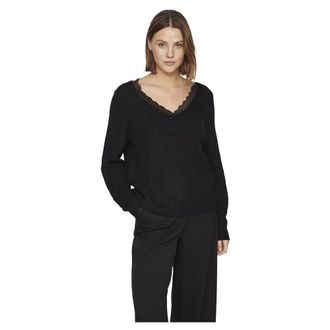 Vila Womens Vilou Rev V-Neck L/S Lace Knit Top-Noos Pullover Sweater, Black, S