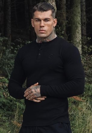 Siksilk Camiseta Henley negra para hombre SikSilk S