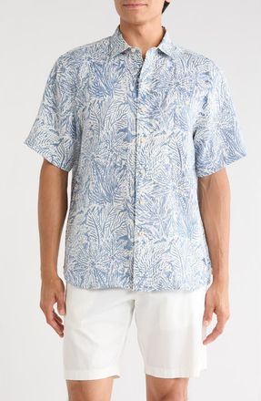 Tommy Bahama Antigo Vines Leaf Print Short Sleeve Linen Button-Up Shirt in Kingfish at Nordstrom, Size Xx-Large